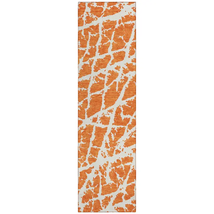 8' Runner Orange and White Abstract Washable Non Skid Indoor Outdoor Runner Rug
