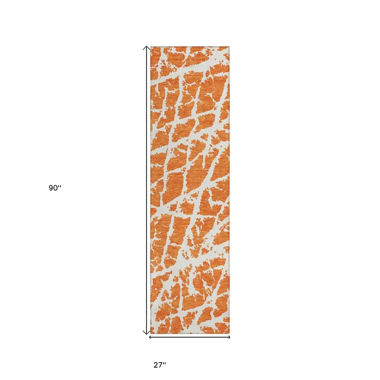 8' Runner Orange and White Abstract Washable Non Skid Indoor Outdoor Runner Rug