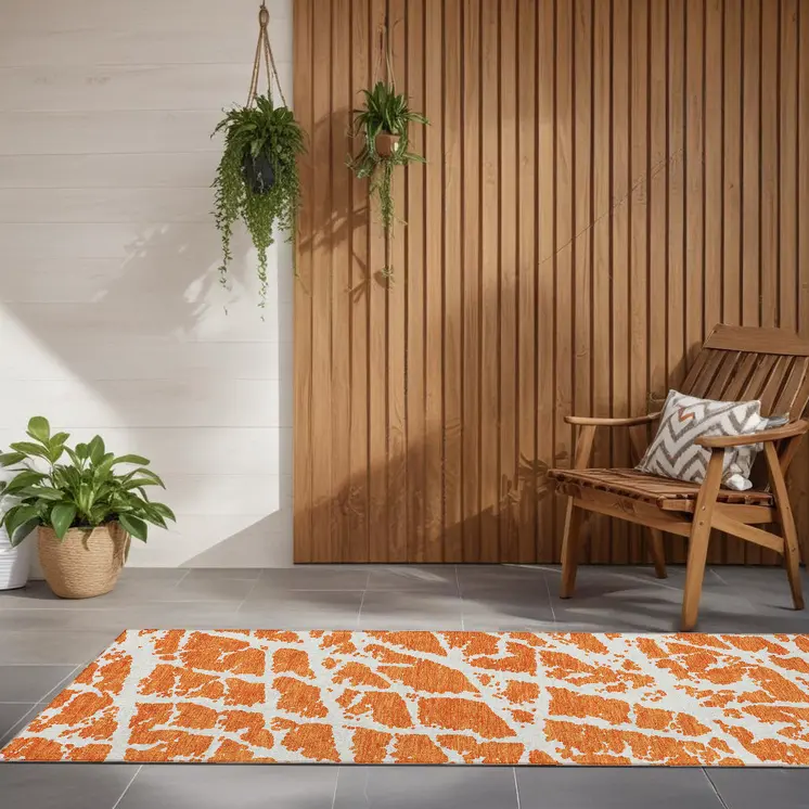 8' Runner Orange and White Abstract Washable Non Skid Indoor Outdoor Runner Rug