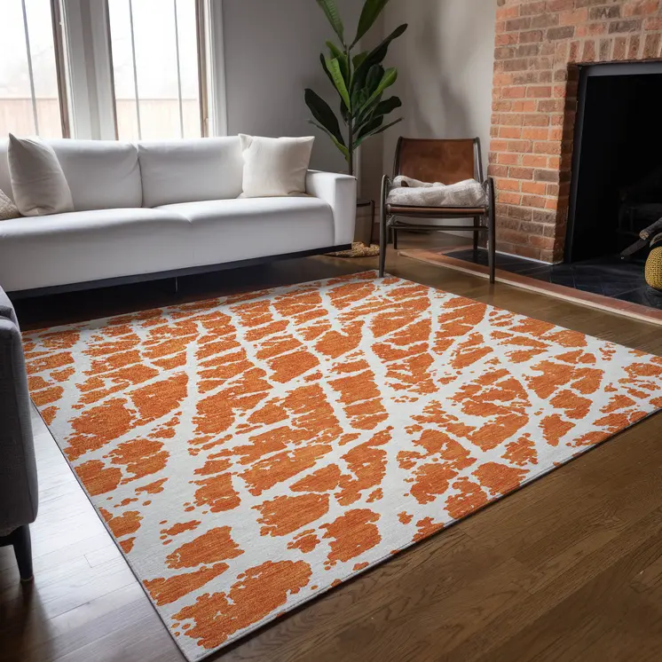5' X 8' Orange and White Abstract Washable Non Skid Indoor Outdoor Area Rug