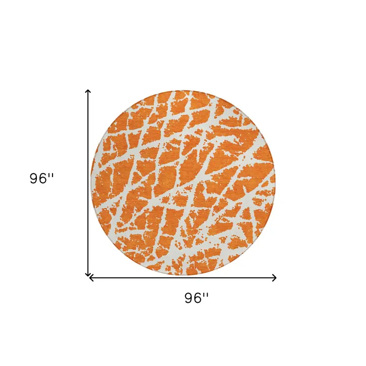8' Round Orange and White Round Abstract Washable Non Skid Indoor Outdoor Area Rug