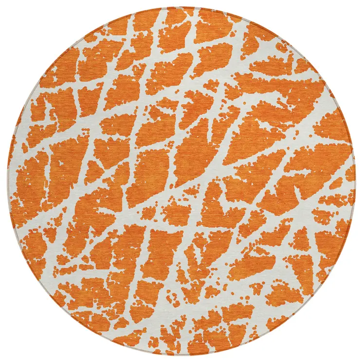 8' Round Orange and White Round Abstract Washable Non Skid Indoor Outdoor Area Rug