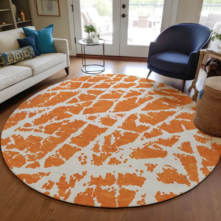8' Round Orange and White Round Abstract Washable Non Skid Indoor Outdoor Area Rug
