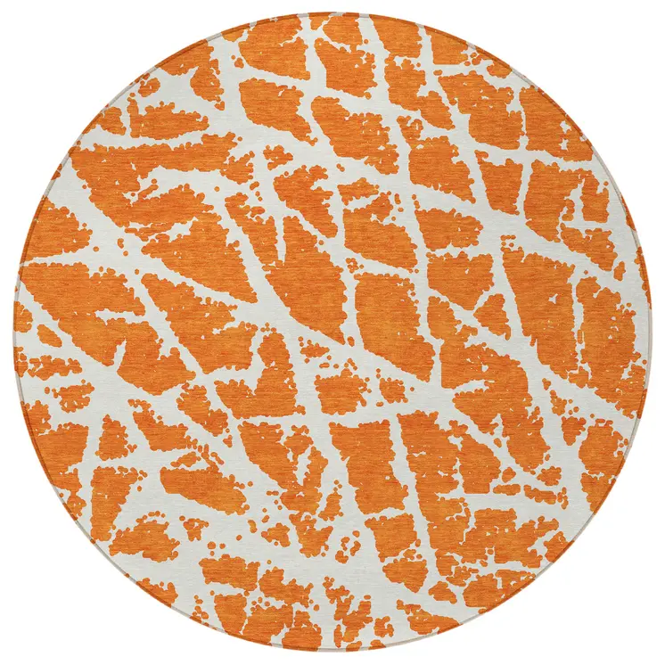 8' Round Orange and White Round Abstract Washable Non Skid Indoor Outdoor Area Rug