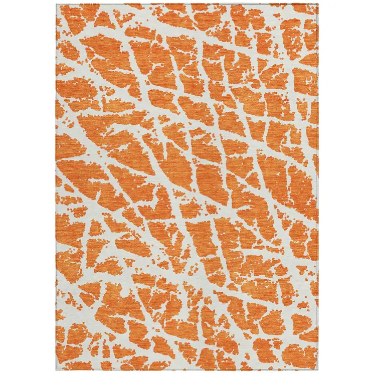 9' X 12' Orange and White Abstract Washable Non Skid Indoor Outdoor Area Rug