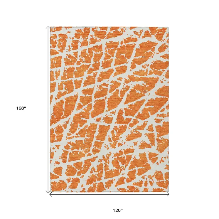 10' X 14' Orange and White Abstract Washable Non Skid Indoor Outdoor Area Rug