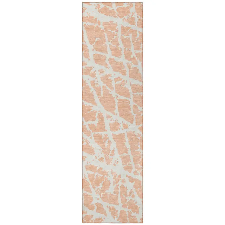8' Runner Peach and Ivory Abstract Washable Non Skid Indoor Outdoor Runner Rug
