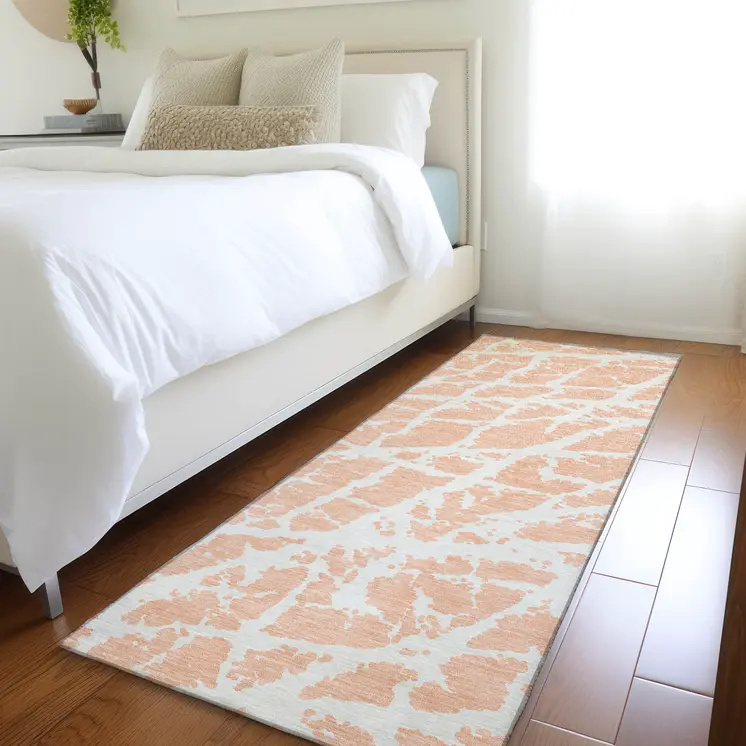 8' Runner Peach and Ivory Abstract Washable Non Skid Indoor Outdoor Runner Rug