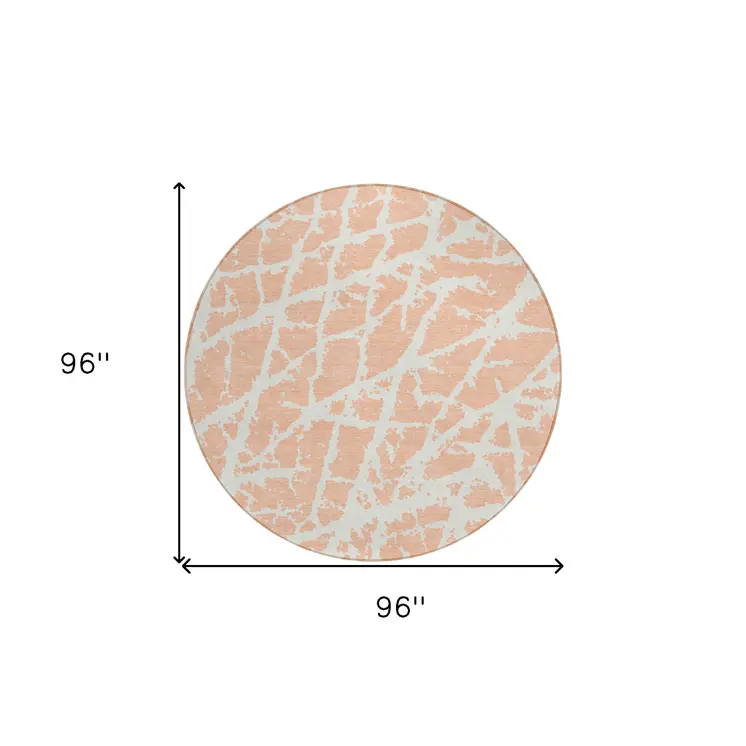 8' Round Peach and Ivory Round Abstract Washable Non Skid Indoor Outdoor Area Rug