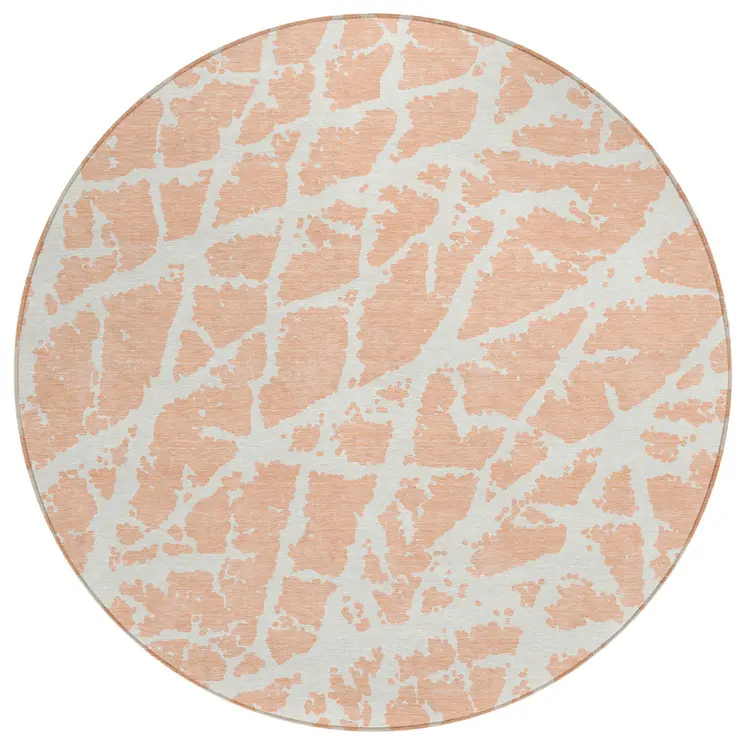 8' Round Peach and Ivory Round Abstract Washable Non Skid Indoor Outdoor Area Rug