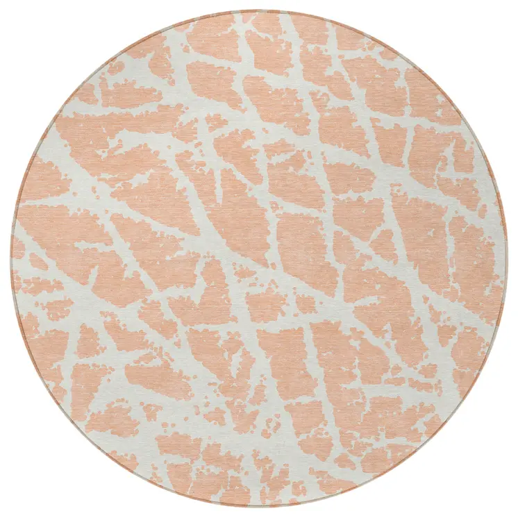 8' Round Peach and Ivory Round Abstract Washable Non Skid Indoor Outdoor Area Rug