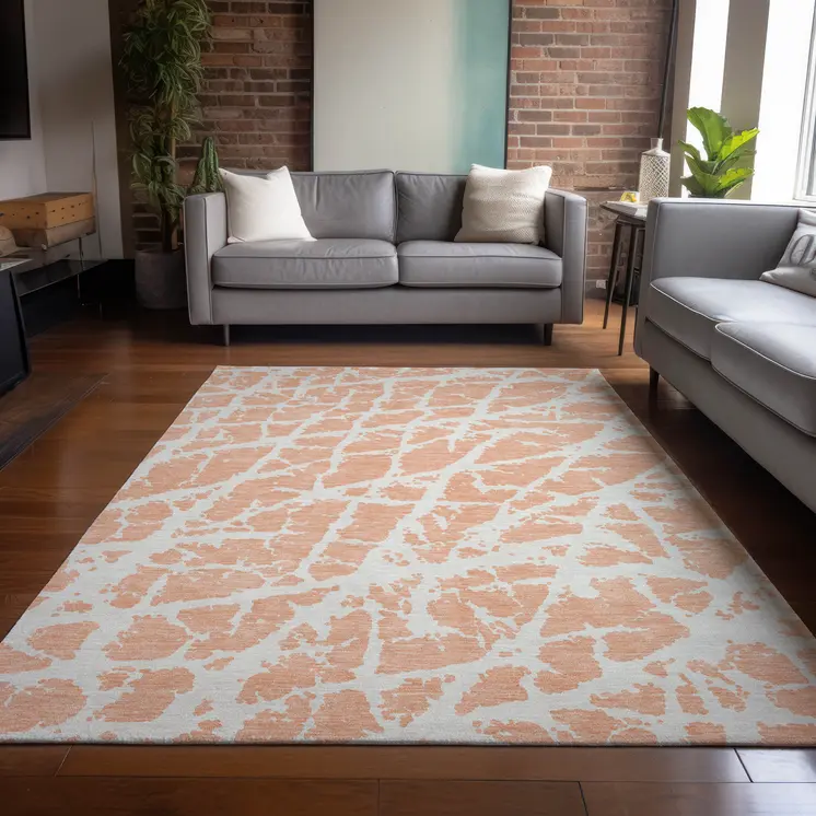 8' X 10' Peach and Ivory Abstract Washable Non Skid Indoor Outdoor Area Rug