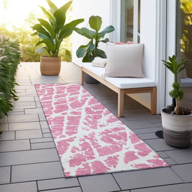 8' Runner Pink and Ivory Abstract Washable Non Skid Indoor Outdoor Runner Rug