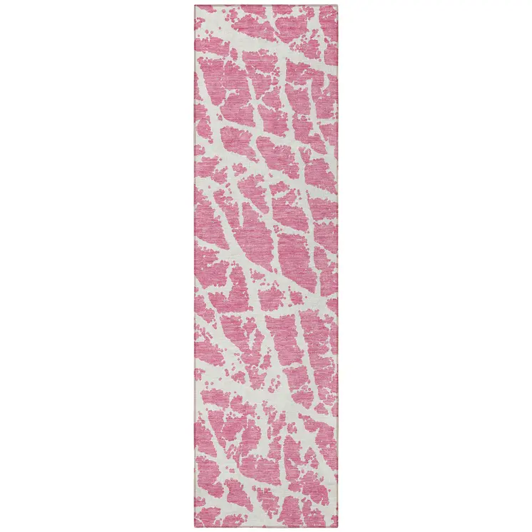 8' Runner Pink and Ivory Abstract Washable Non Skid Indoor Outdoor Runner Rug