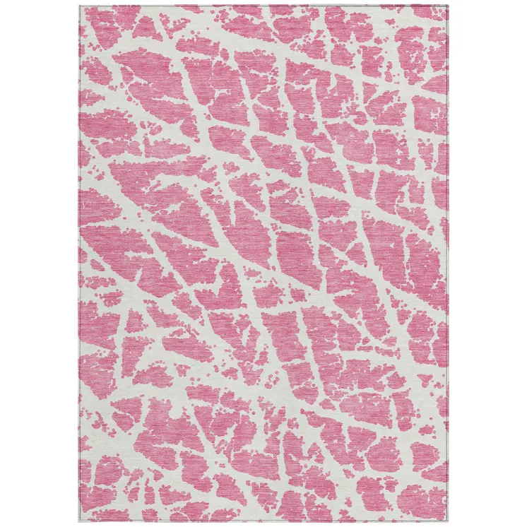 5' X 8' Pink and Ivory Abstract Washable Non Skid Indoor Outdoor Area Rug