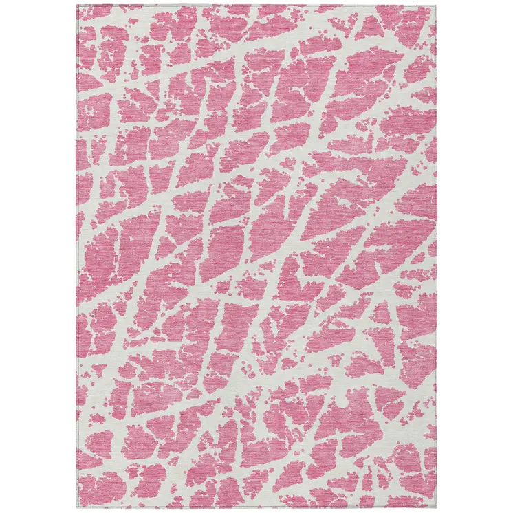 5' X 8' Pink and Ivory Abstract Washable Non Skid Indoor Outdoor Area Rug