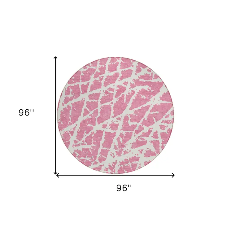 8' Round Pink and Ivory Round Abstract Washable Non Skid Indoor Outdoor Area Rug