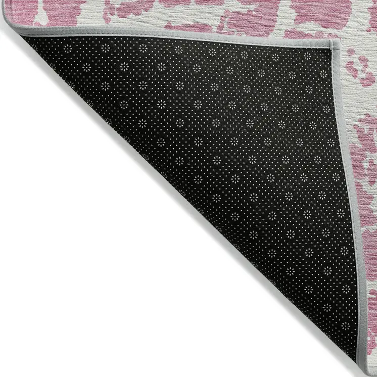 8' Round Pink and Ivory Round Abstract Washable Non Skid Indoor Outdoor Area Rug