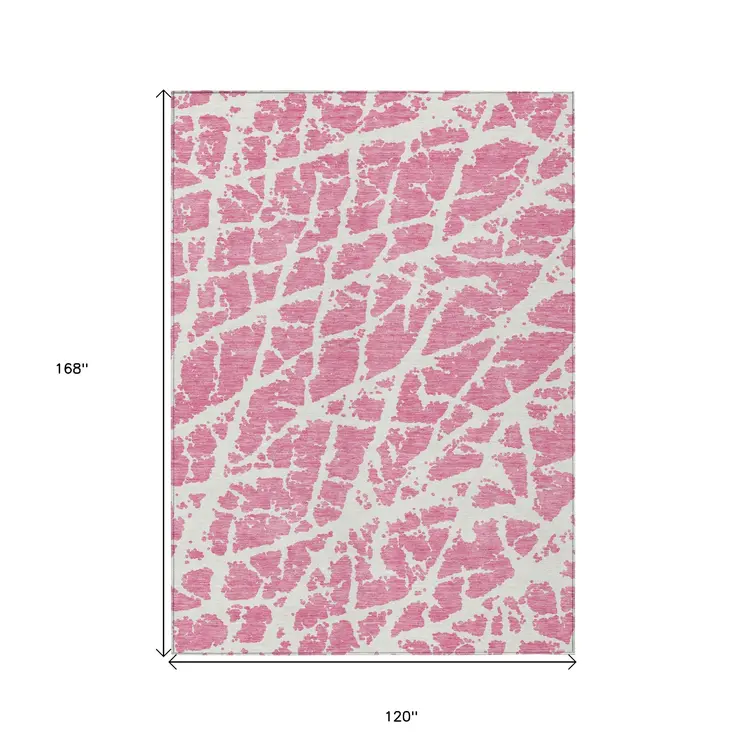 10' X 14' Pink and Ivory Abstract Washable Non Skid Indoor Outdoor Area Rug