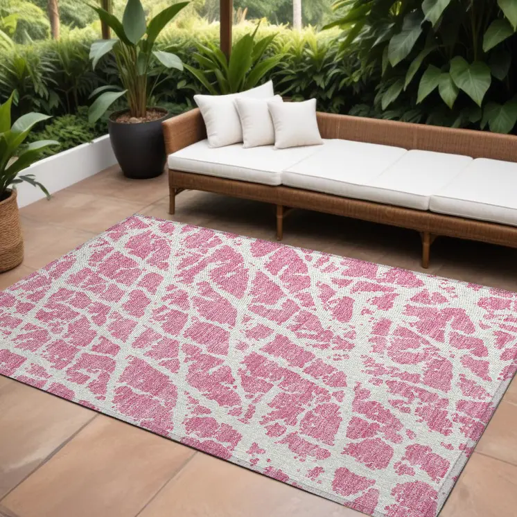 10' X 14' Pink and Ivory Abstract Washable Non Skid Indoor Outdoor Area Rug