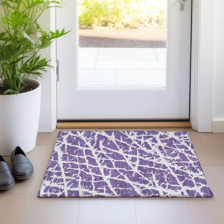 2' X 3' Purple and White Abstract Washable Non Skid Indoor Outdoor Area Rug