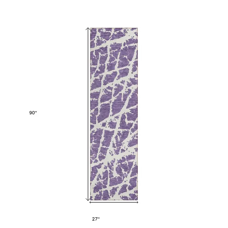 8' Runner Purple and White Abstract Washable Non Skid Indoor Outdoor Runner Rug