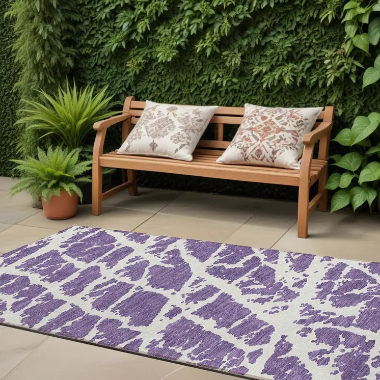 8' Runner Purple and White Abstract Washable Non Skid Indoor Outdoor Runner Rug
