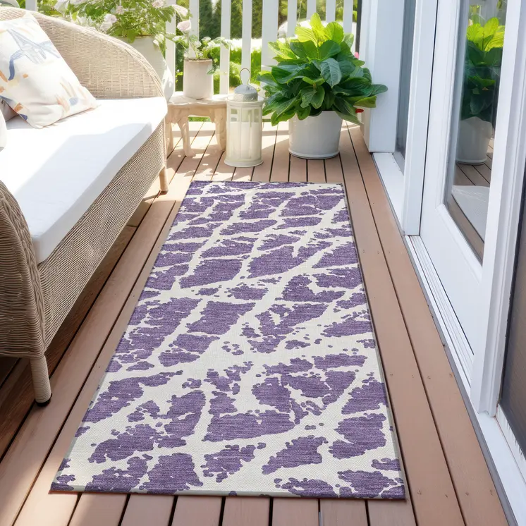 8' Runner Purple and White Abstract Washable Non Skid Indoor Outdoor Runner Rug