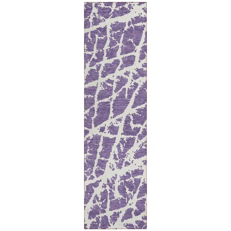 8' Runner Purple and White Abstract Washable Non Skid Indoor Outdoor Runner Rug