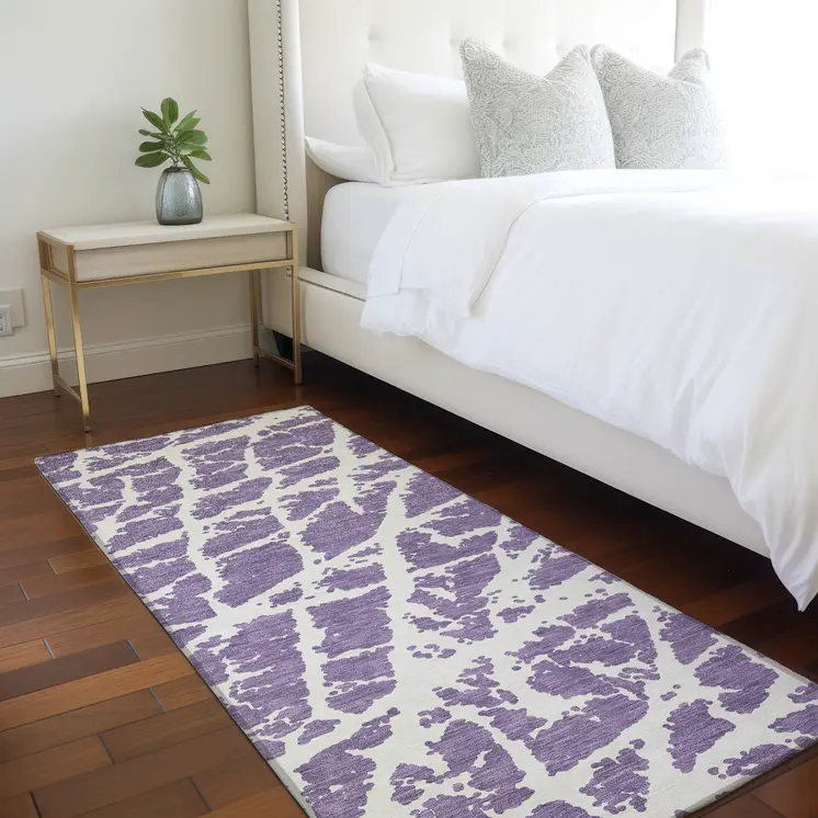 8' Runner Purple and White Abstract Washable Non Skid Indoor Outdoor Runner Rug