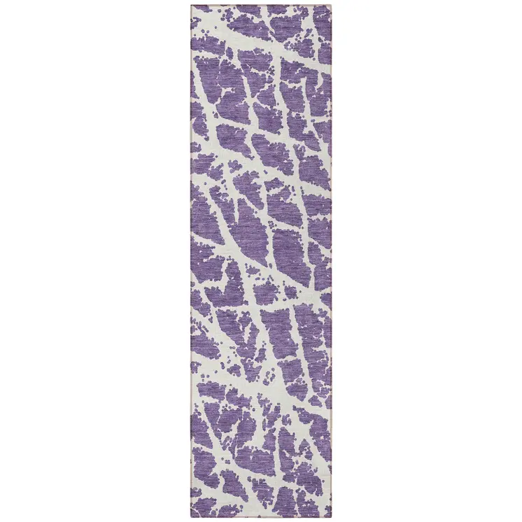 8' Runner Purple and White Abstract Washable Non Skid Indoor Outdoor Runner Rug