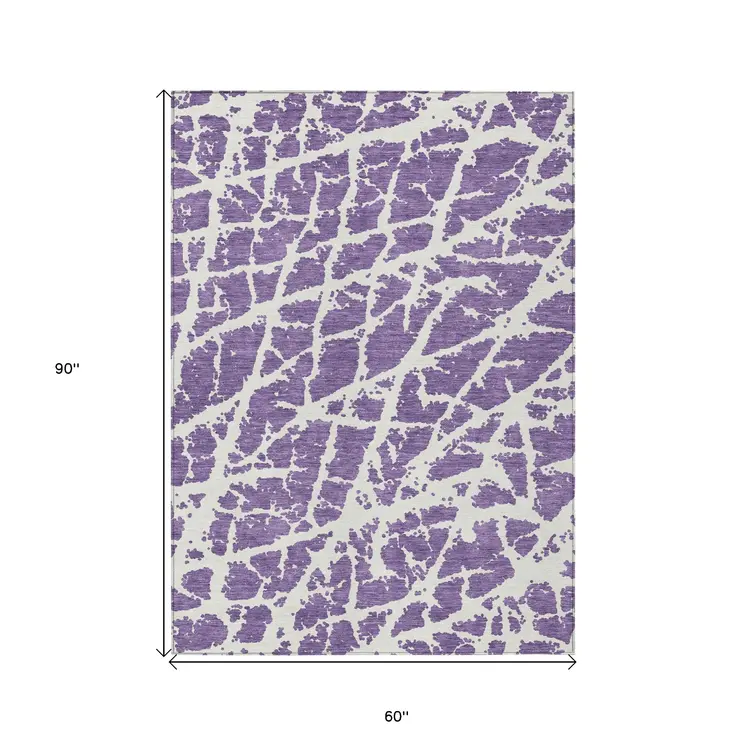 5' X 8' Purple and White Abstract Washable Non Skid Indoor Outdoor Area Rug