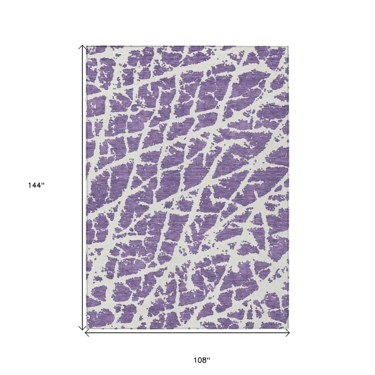 9' X 12' Purple and White Abstract Washable Non Skid Indoor Outdoor Area Rug