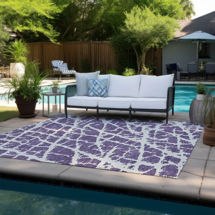 9' X 12' Purple and White Abstract Washable Non Skid Indoor Outdoor Area Rug