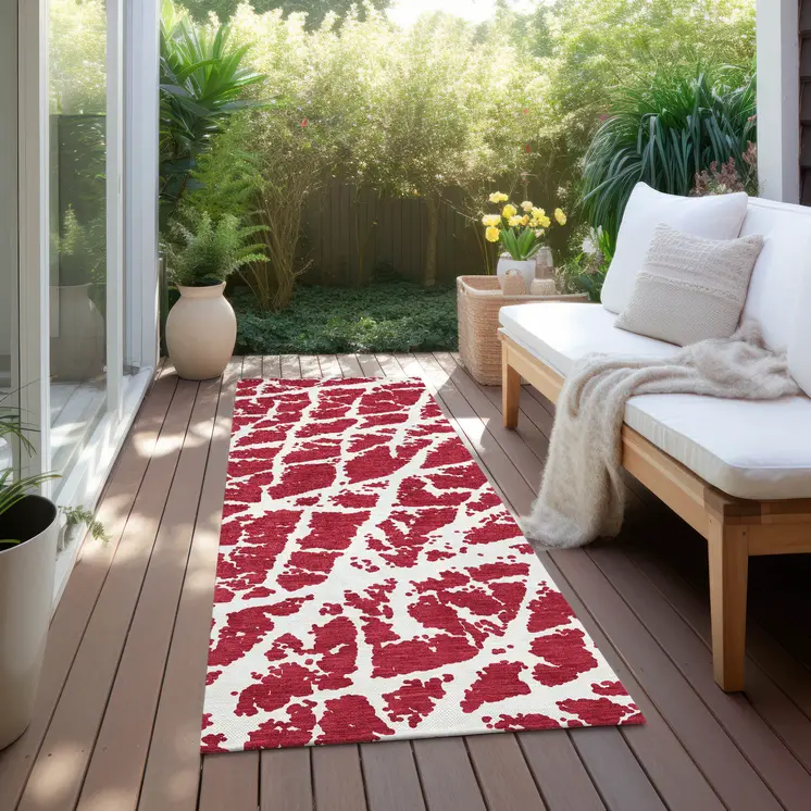 8' Runner Red and White Abstract Washable Non Skid Indoor Outdoor Runner Rug