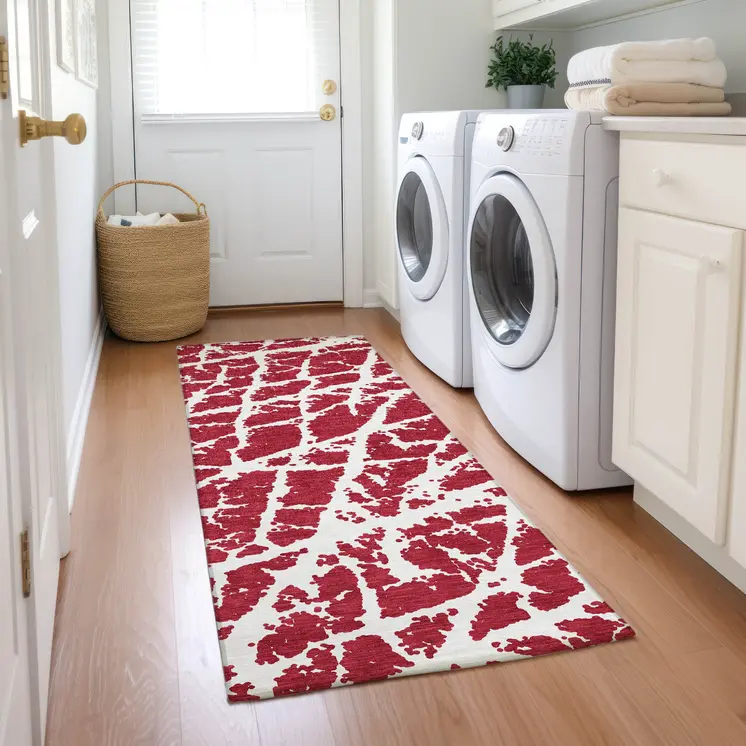 8' Runner Red and White Abstract Washable Non Skid Indoor Outdoor Runner Rug