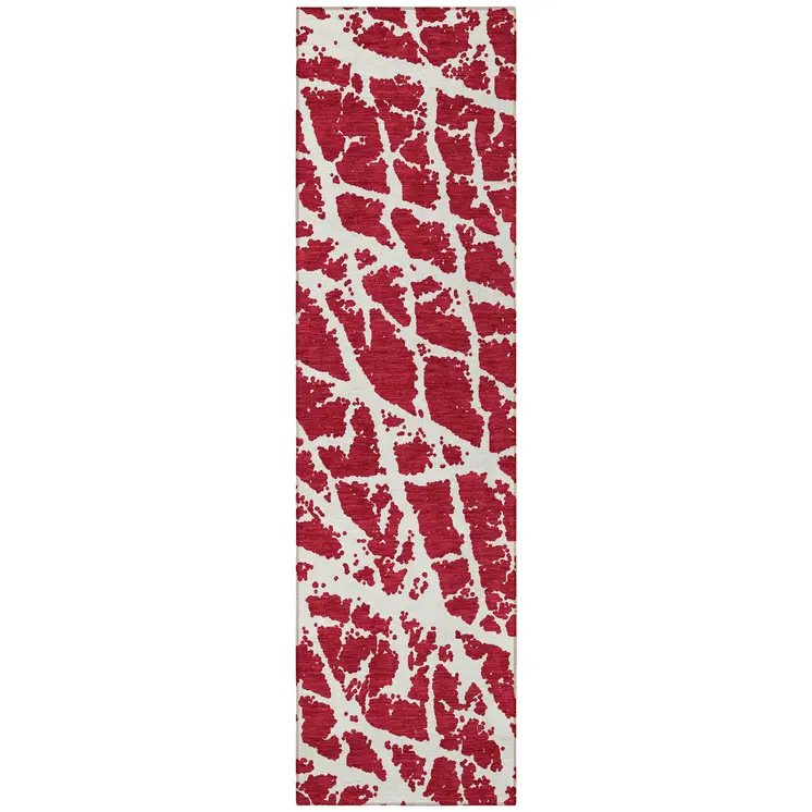 8' Runner Red and White Abstract Washable Non Skid Indoor Outdoor Runner Rug