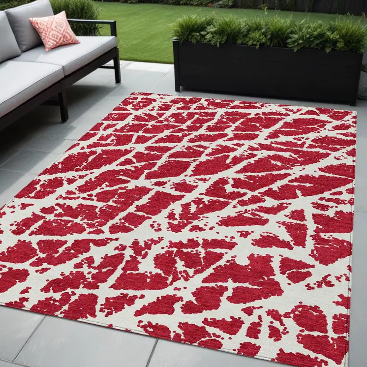 5' X 8' Red and White Abstract Washable Non Skid Indoor Outdoor Area Rug