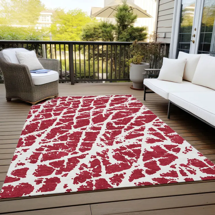5' X 8' Red and White Abstract Washable Non Skid Indoor Outdoor Area Rug