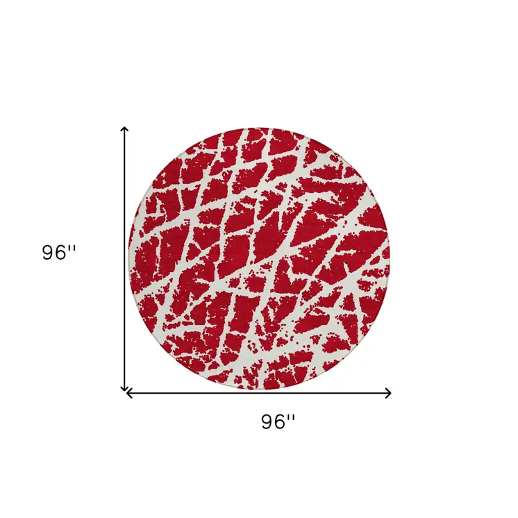 8' Round Red and White Round Abstract Washable Non Skid Indoor Outdoor Area Rug