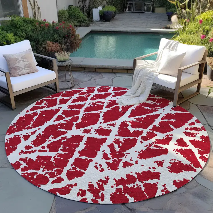 8' Round Red and White Round Abstract Washable Non Skid Indoor Outdoor Area Rug