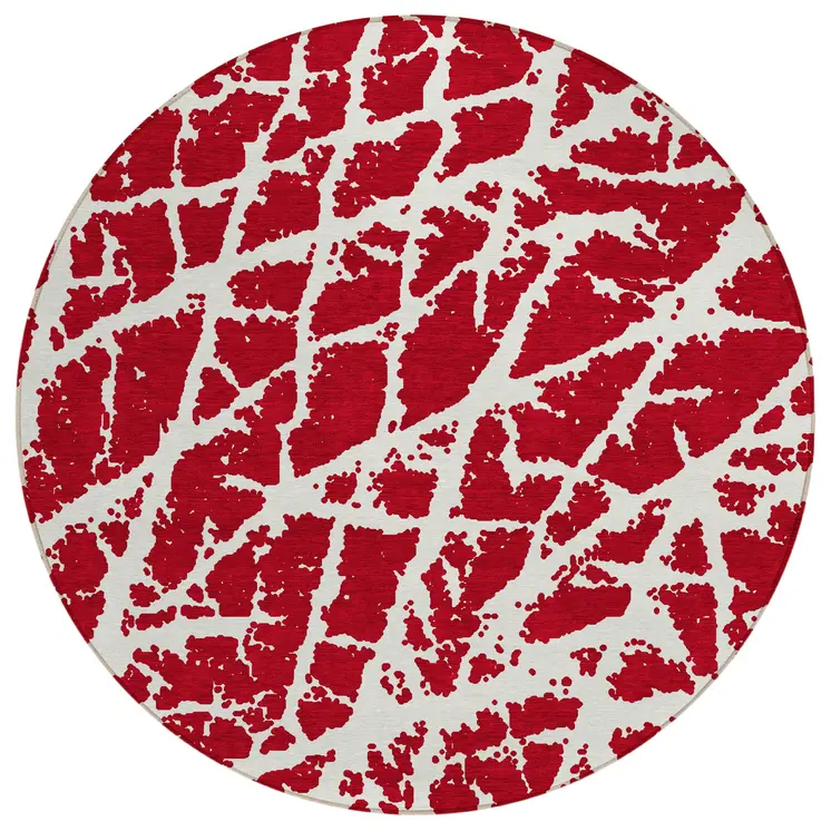 8' Round Red and White Round Abstract Washable Non Skid Indoor Outdoor Area Rug