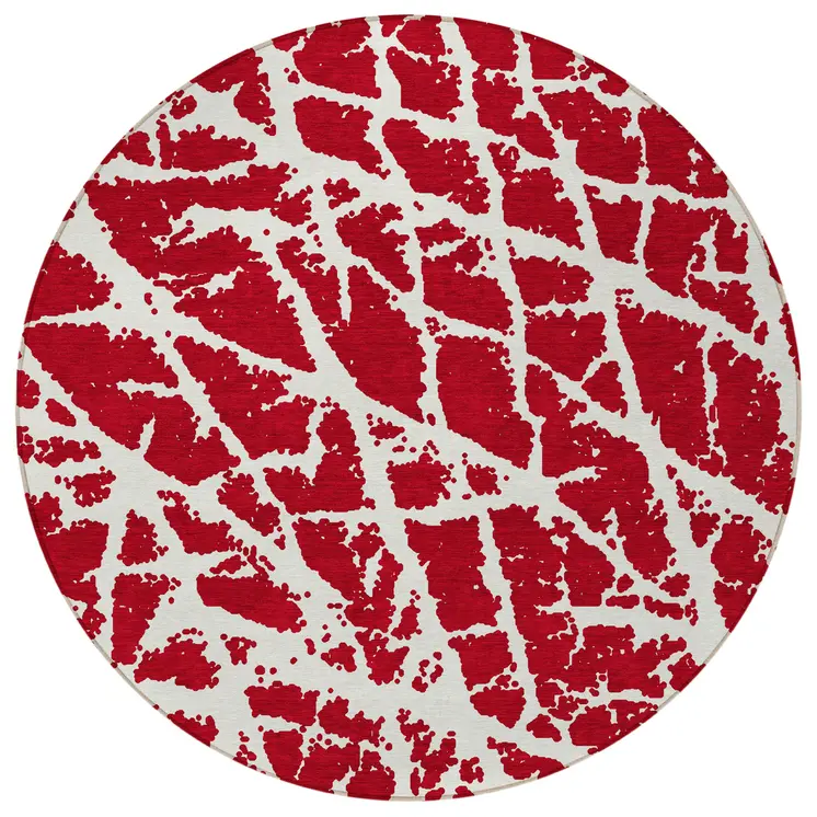 8' Round Red and White Round Abstract Washable Non Skid Indoor Outdoor Area Rug