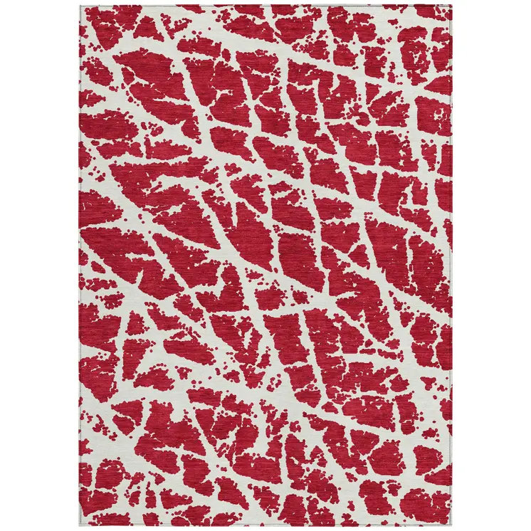 9' X 12' Red and White Abstract Washable Non Skid Indoor Outdoor Area Rug
