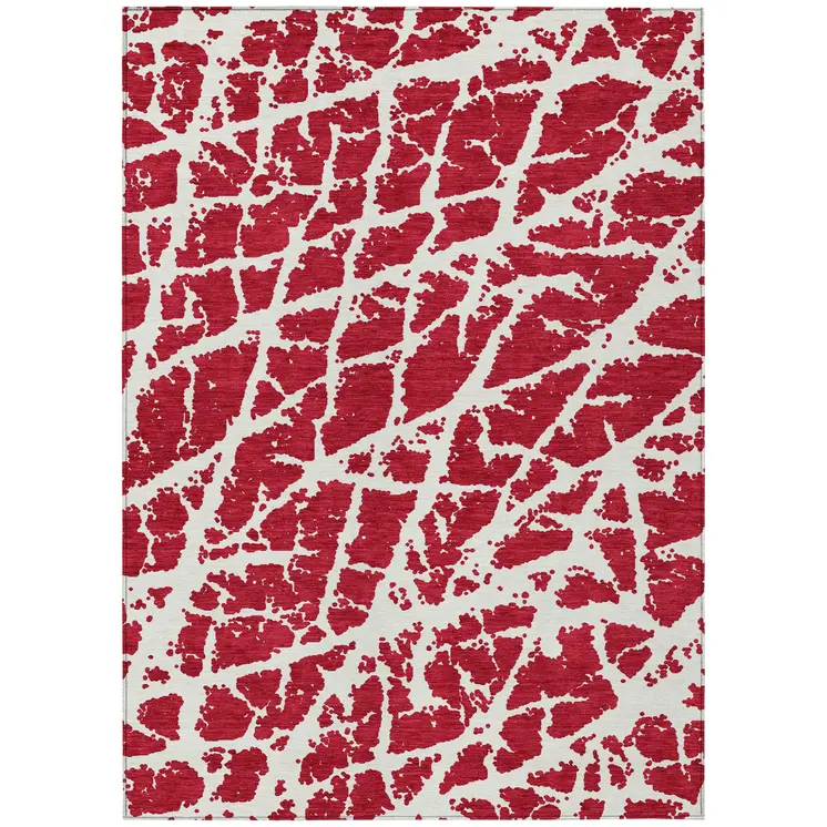 10' X 14' Red and White Abstract Washable Non Skid Indoor Outdoor Area Rug
