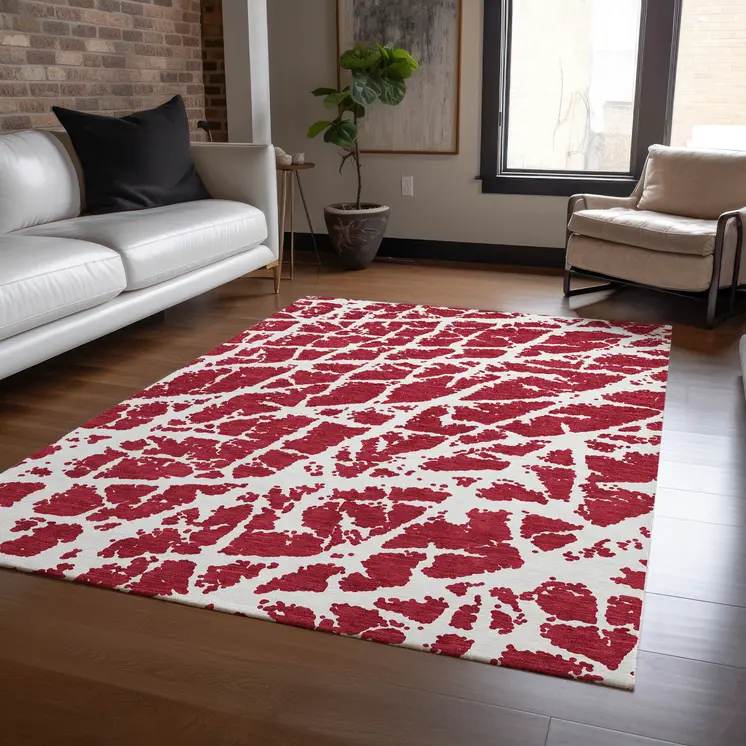 10' X 14' Red and White Abstract Washable Non Skid Indoor Outdoor Area Rug