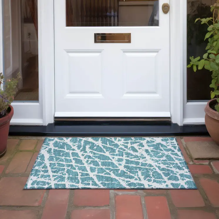2' X 3' Teal Abstract Washable Non Skid Indoor Outdoor Area Rug