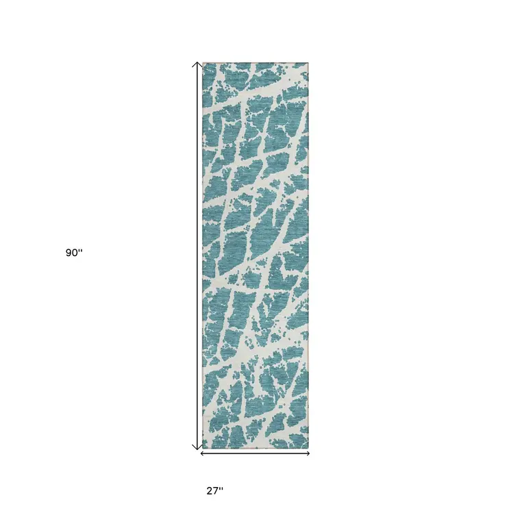 8' Runner Teal Abstract Washable Non Skid Indoor Outdoor Runner Rug