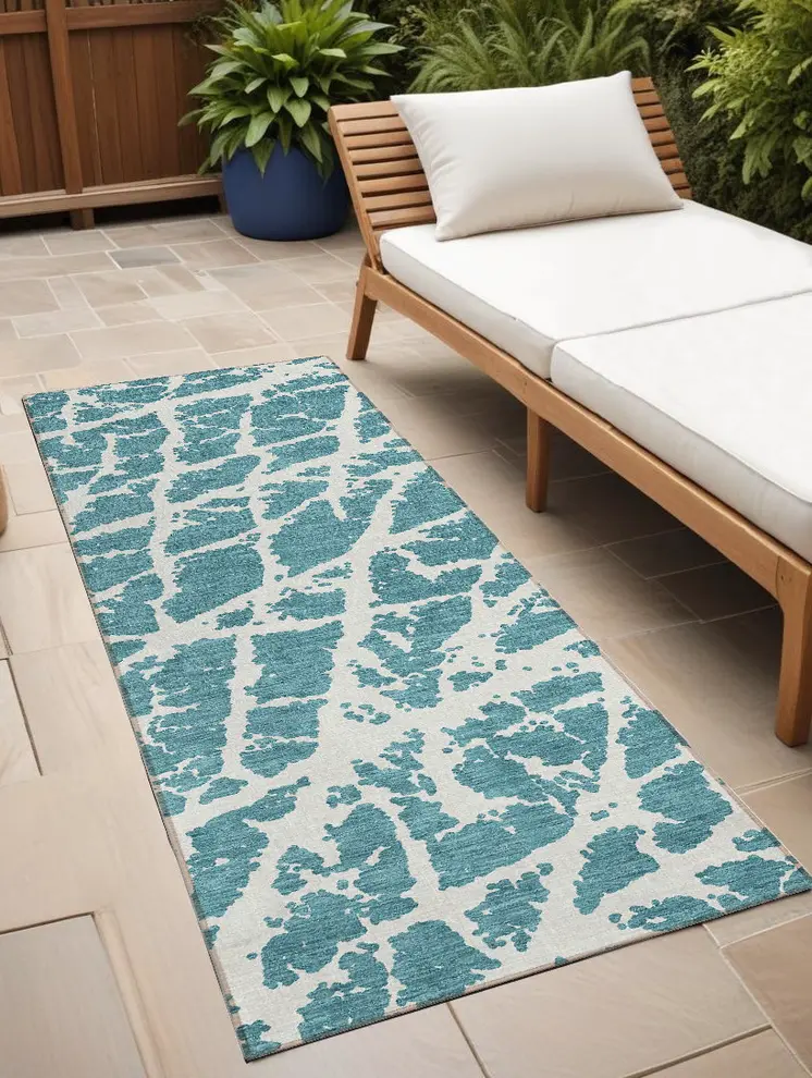 8' Runner Teal Abstract Washable Non Skid Indoor Outdoor Runner Rug