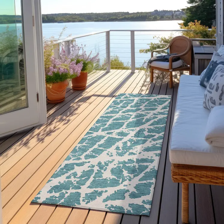 8' Runner Teal Abstract Washable Non Skid Indoor Outdoor Runner Rug